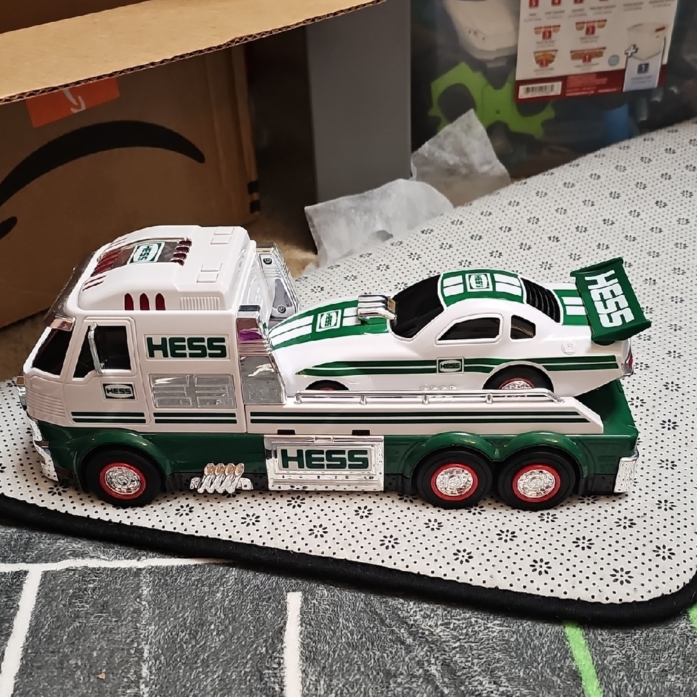 Green and White Race Car and Transport Truck Set
